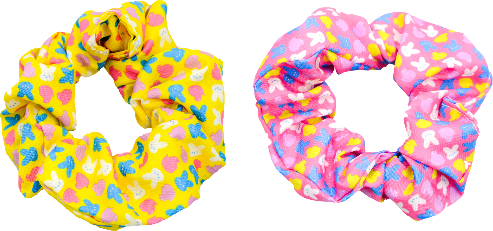 2 Girls Scrunchies with Peeps Pattern. 1 Pink Scrunchie and 1 Yellow Scrunchie