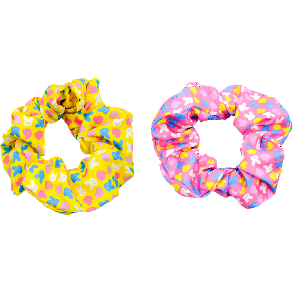2 Girls Scrunchies with Peeps Pattern. 1 Pink Scrunchie and 1 Yellow Scrunchie.