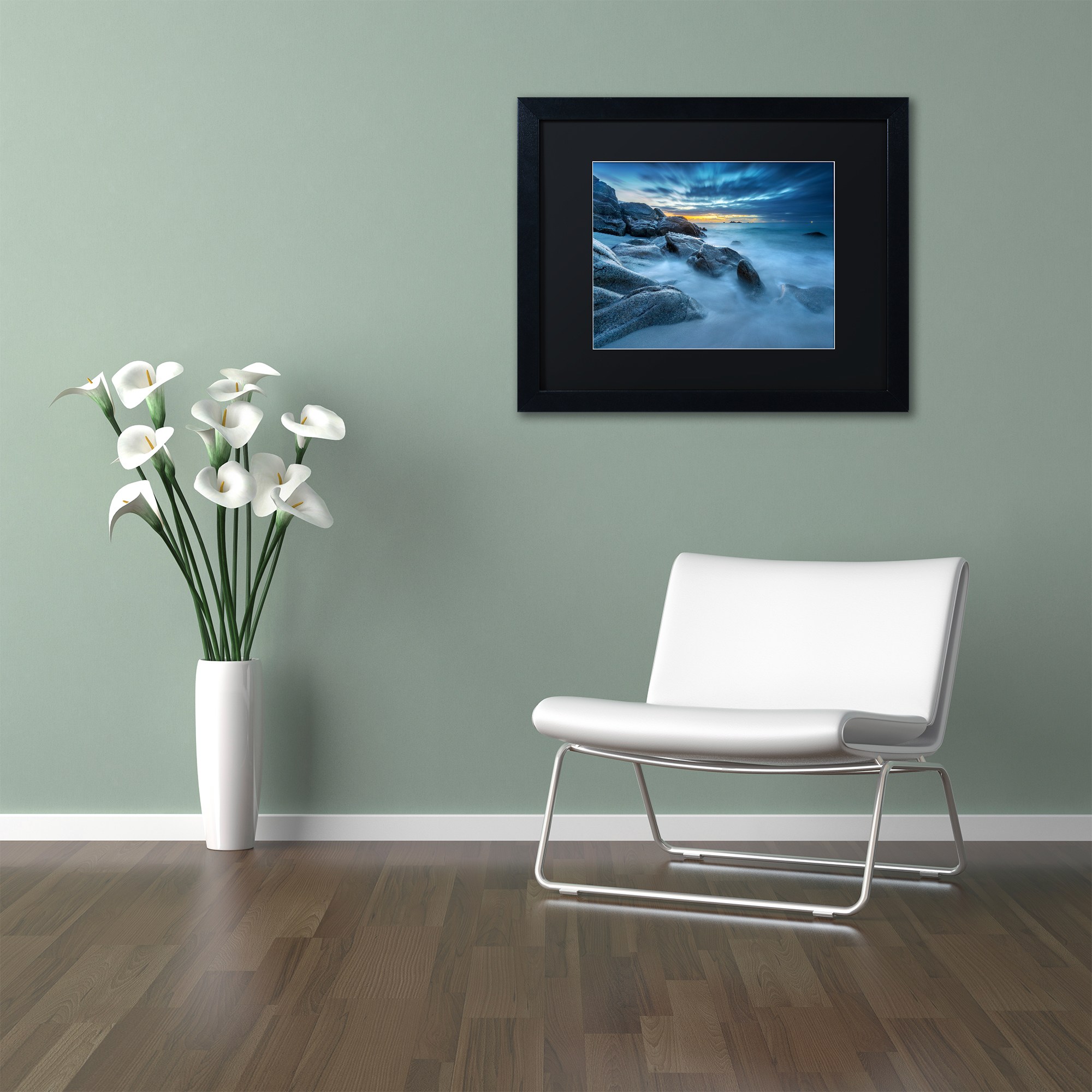 Trademark Fine Art "Blue Hour for a Blue Ocean" Canvas Art by Mathieu Rivrin, Black Matte, Black Frame