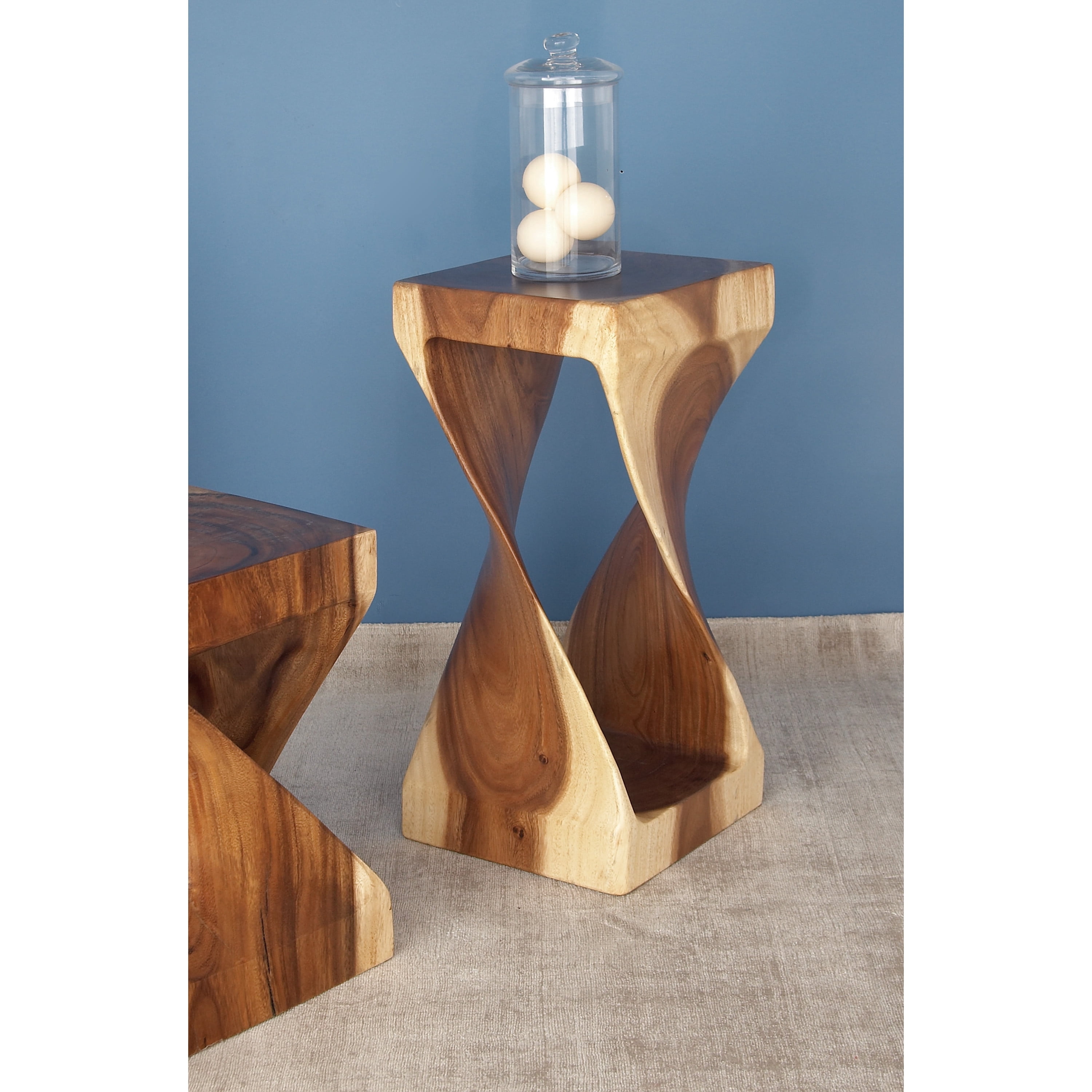 DecMode 12" x 25" Brown Suar Wood Handmade Accent Table with Spiral Base, 1-Piece
