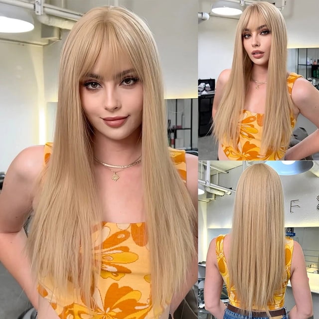 Pelucas sintéticas de color rubio claro para mujeres blancas, pelo largo y liso, marrón, Rubio, Cosplay, pelo Natural con flequillo, resistente al calor