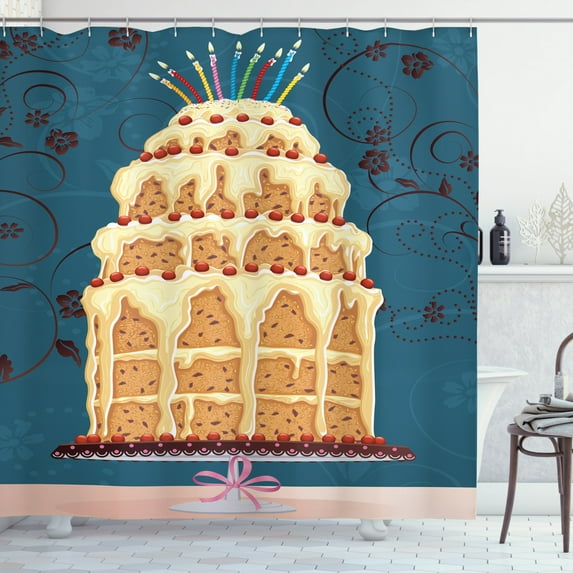 Dessert Shower Curtain, Crumb Coated Birthday Cake Cherry Encircled Drippy Frosting on Side with Candles, Fabric Bathroom Set with Hooks, 69W X 75L Inches Long, Multicolor, by Ambesonne