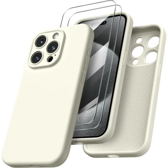 KOMI Compatible with iPhone 15 Pro Case with 2 x Screen Protector, Shockproof Liquid Silicone Cover, Drop Protection Phone Case for iPhone 15 Pro, Beige