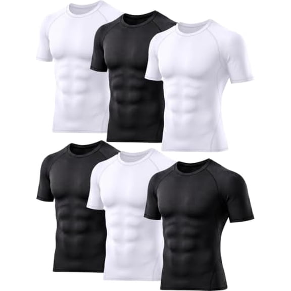 6 Pack Men's Compression Shirt Short Sleeve Workout T Shirts Baselayer, Black, White, XX-Large