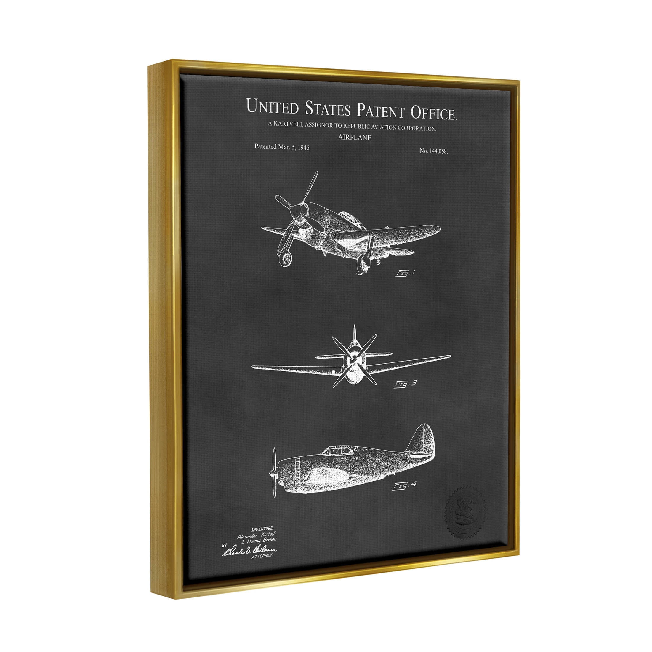 Stupell Industries Vintage Airplane Vehicle Diagram Graphic Art Metallic Gold Floating Framed Canvas Print Wall Art, Design by Karl Hronek