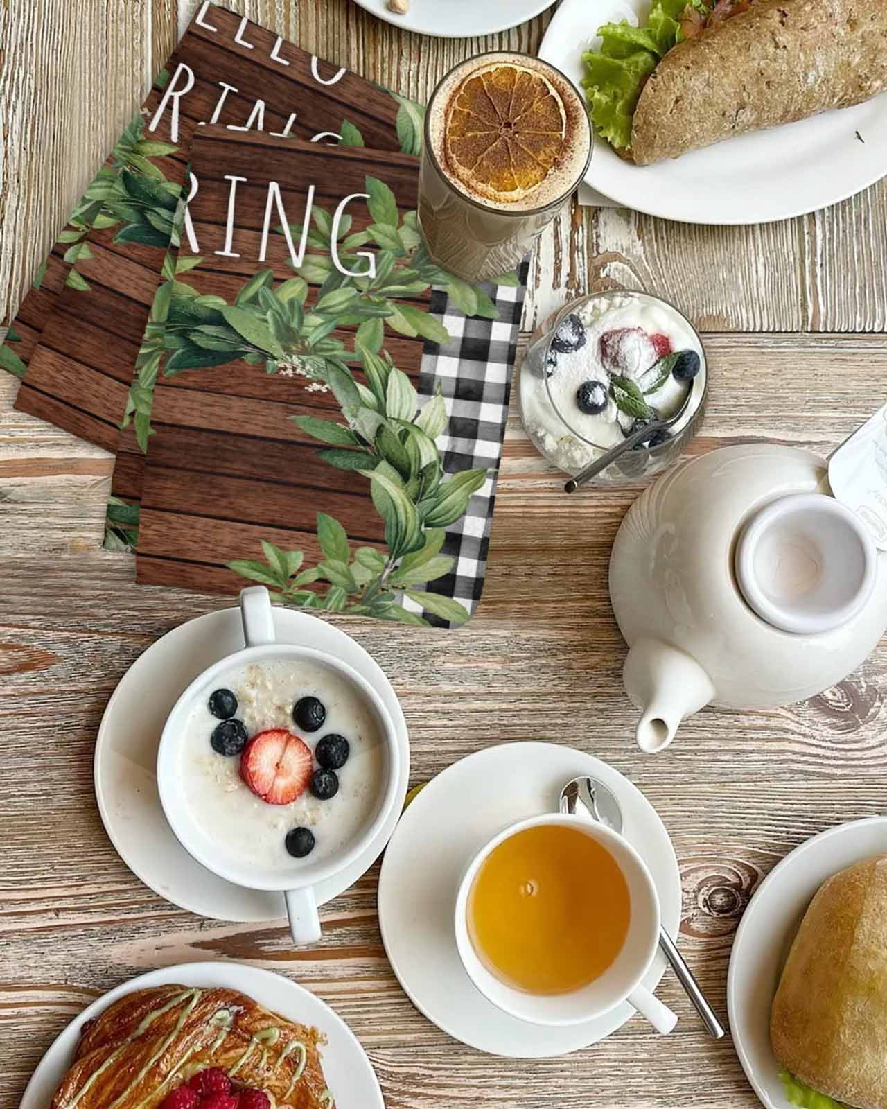 Farmhouse Green Garland Kitchen Dish Towels for Drying Dishes Set of 2, Spring Black Plaid Wood Grain Waffle Weave Microfiber Hand Tea Bathroom Towels Quick Dry & Absorbent Towel 15.7x23.6