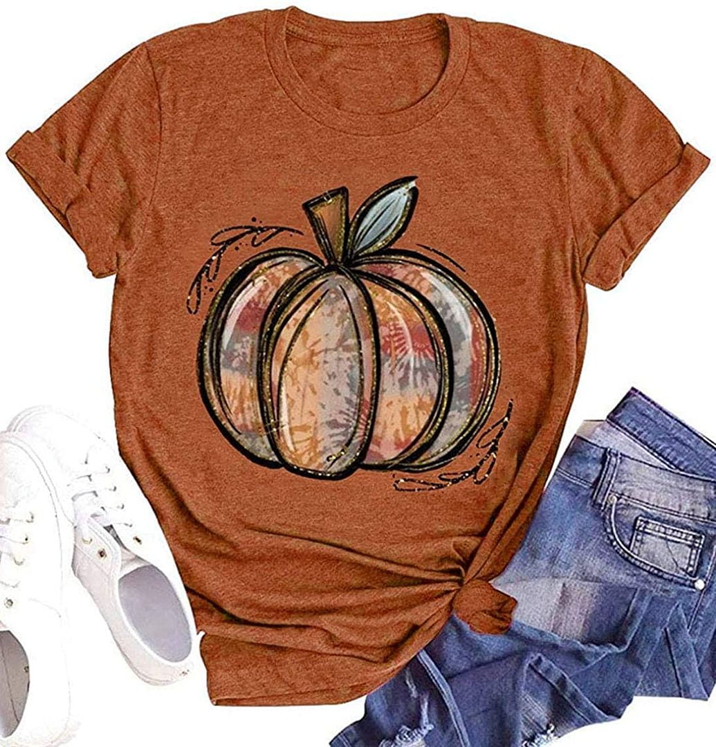 Women Fall Pumpkin Shirt Halloween Clothing Thanksgiving Gift Top Floral Short Sleeve Print Vacation Tee
