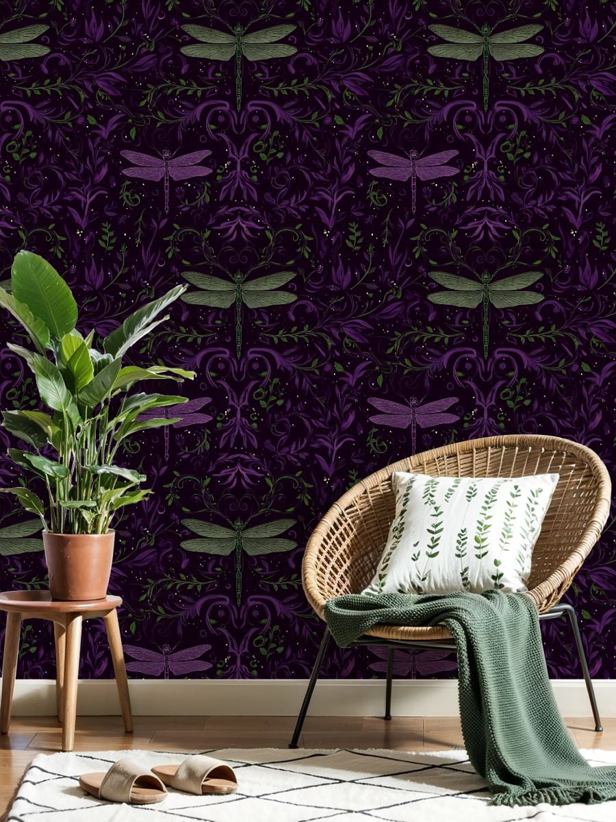 Peel and Stick Wallpaper Whimsical Dragonfly Floral Purple Green Tones Wall Mural 17.7in x 9.8ft Self Adhesive Removable Wall Paper Renter Friendly Wallpaper for Nursery Bedroom Cabinets