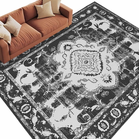 8x10 Area Rugs for Living Room, Black Grey Non Slip Area Rugs for Kitchen Bedroom Entryway, Boho Vintage Print Distressed Brick Patterns Washable Carpet Runner Rug Floor Mats for Bedroom Home Decor