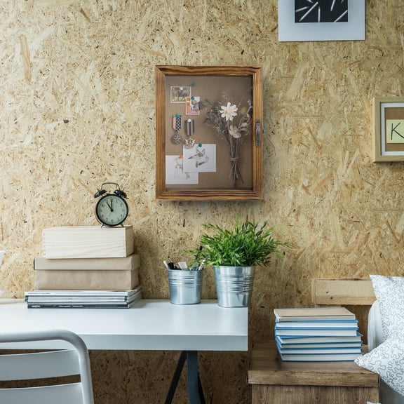 11x14 Deep Shadow Box Frame with Cork Board Backing and Acrylic Paneled Cursive Hinged Door, Rustic Burnt Wood Wall Mounted Shadow Box Display Case Cabinet