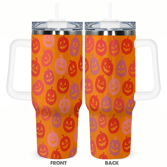 Halloween Pumpkin Jack O Lantern 40oz Car Tumbler Insulated Travel Cup with Handle and Straw Stainless Steel Vacuum Coffee Cup Fall Autumn Seasonal Gift
