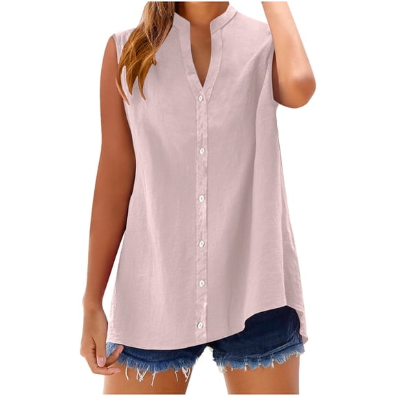 WRFWUL Womens Cotton Linen Button Down Shirts Sleeveless Oversized Boyfriend Solid Tunic Casual Dressy Tops