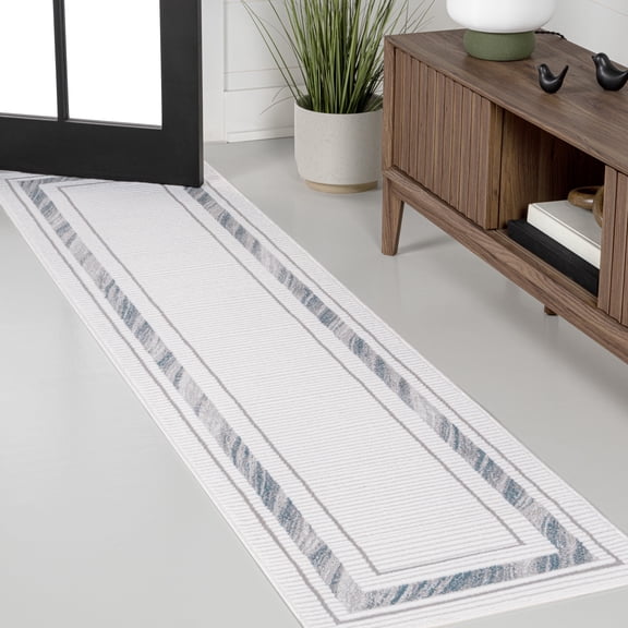 JONATHAN Y CARMEL 2 x 8 Runner Rug, Athens Border Marble Pattern - Silver/Blue, CAR102B-28