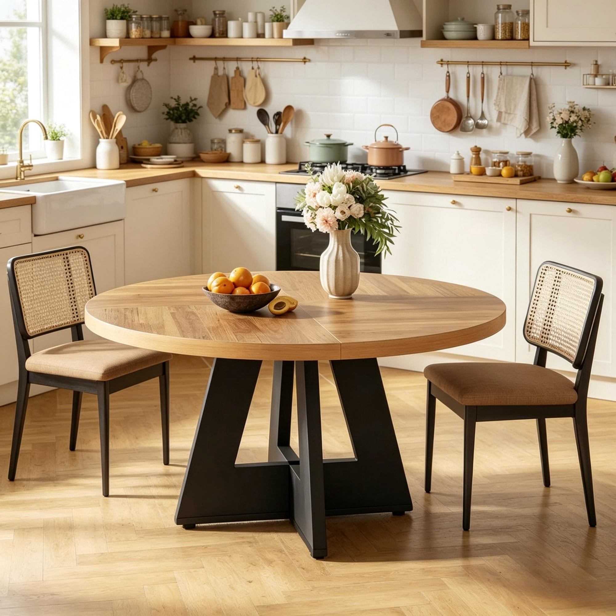 Farmhouse Round Dining Table, 47-Inch Tabletop, Seats 4, Rustic Brown
