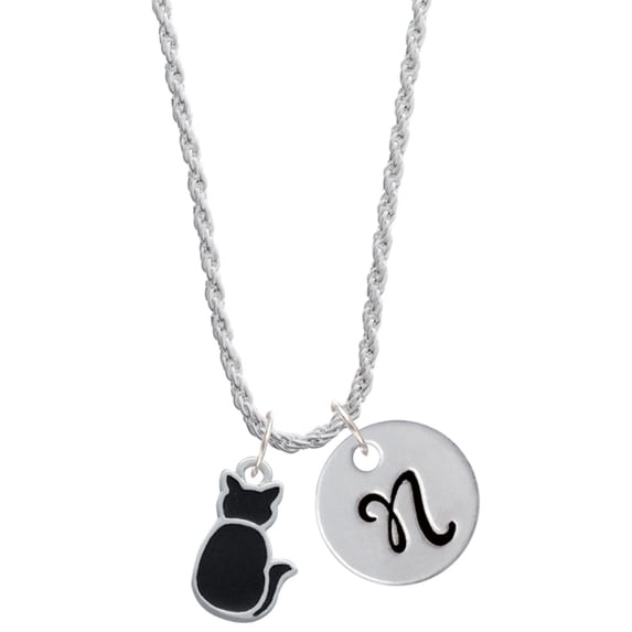 Delight Jewelry Silvertone Large 2-D Black Cat Back Silvertone Script Initial Disc - N - Charm Necklace, 20"+3"