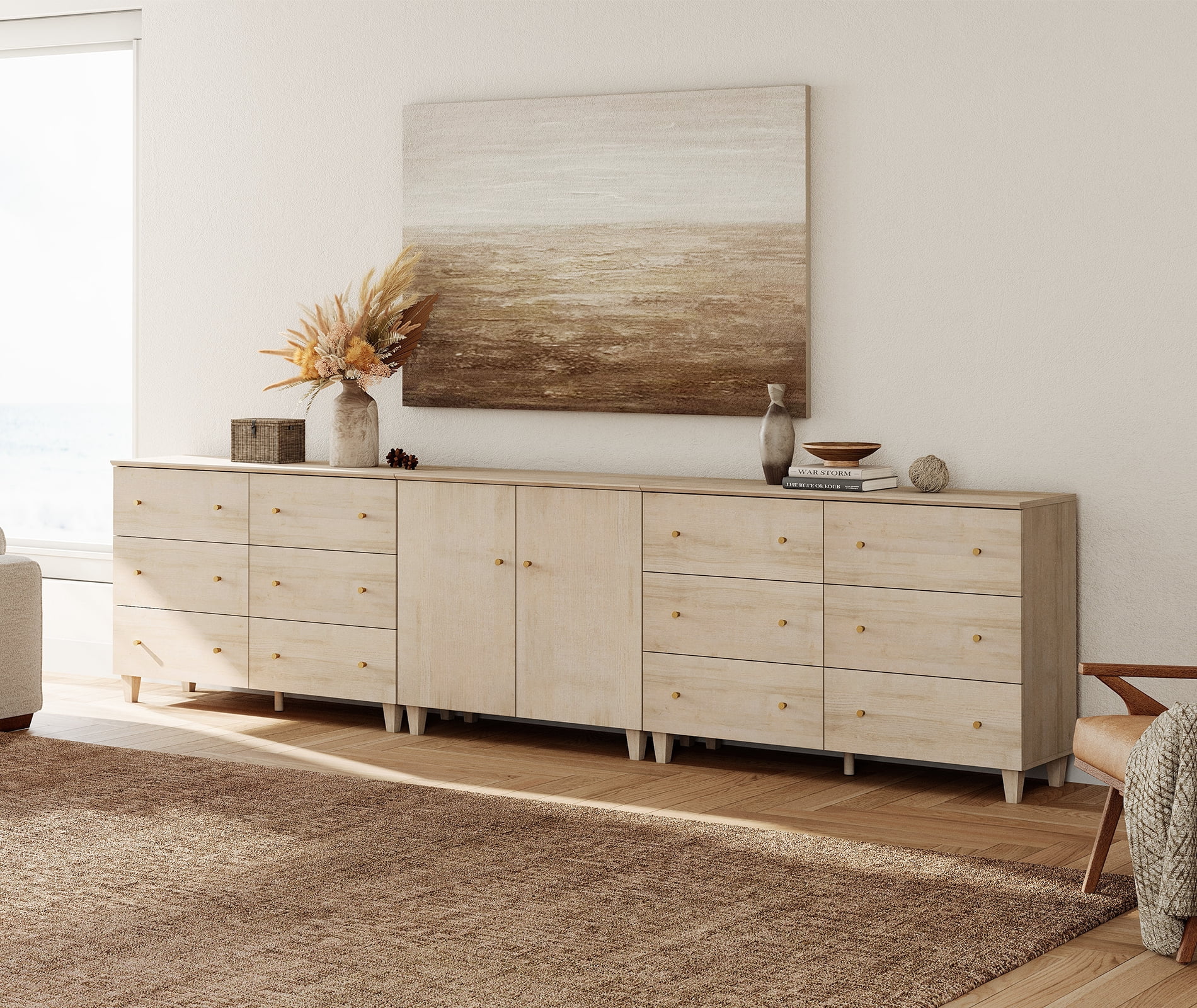 WAMPAT Wood Dresser with 12 Drawers and 1 Cabinet for Bedroom, Modern Chest of Drawer, 130" Wide, Light Oak Wood Finish