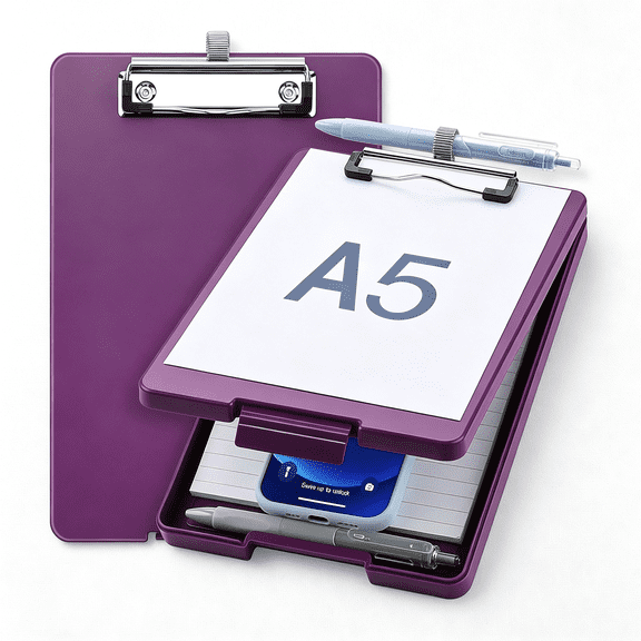 CCOCC Small Clipboard with Storage, A5 Clipboards with Pen Holder, Half Letter Clip Boards 6X9 Mini Plastic Clipboard with Low Profile Clip for Classroom, School, Office Supplies (Purple)