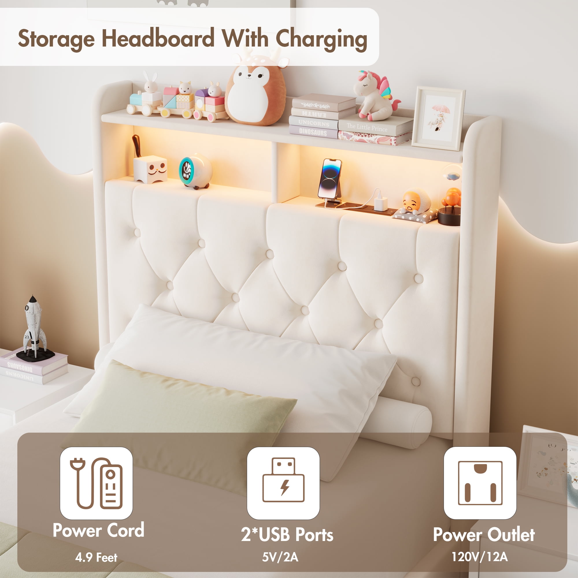 BSHTI TWIN Size Beige Velvet Upholstered Platform Bed Frame with LED Storage Headboard, Charging Station, Underbed Drawers, Tufted Design, No Box Spring Needed, Modern Bedroom Furniture (Beige)