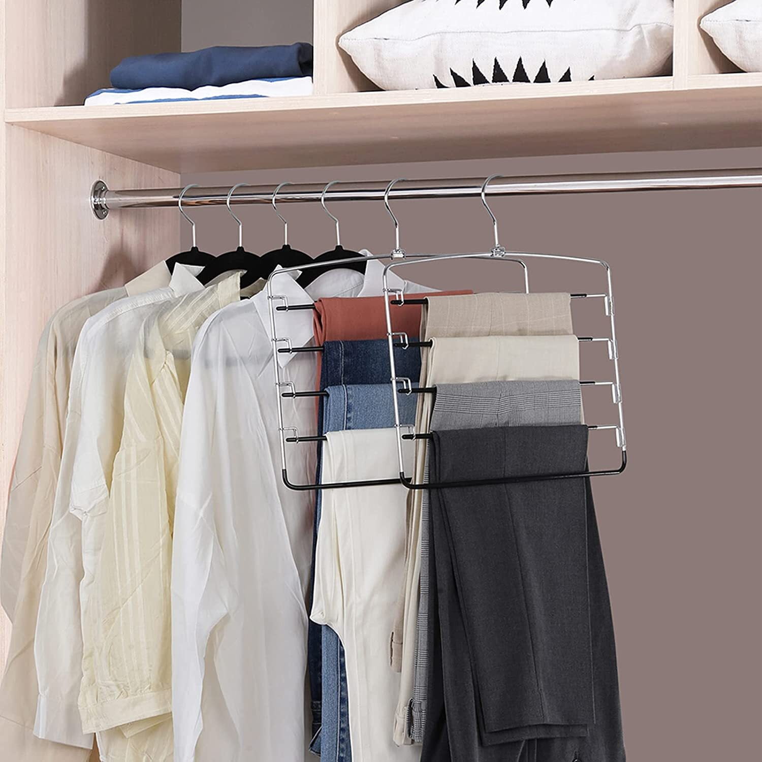 Pants Hangers Space Saving 5 Layers Stainless Steel Slack Hangers Jeans Trousers Hangers Non-Slip Foam Padded Swing Arm Clothes Hanger Closet Organizer for Jeans,Scarf,Tie (Black, 3)