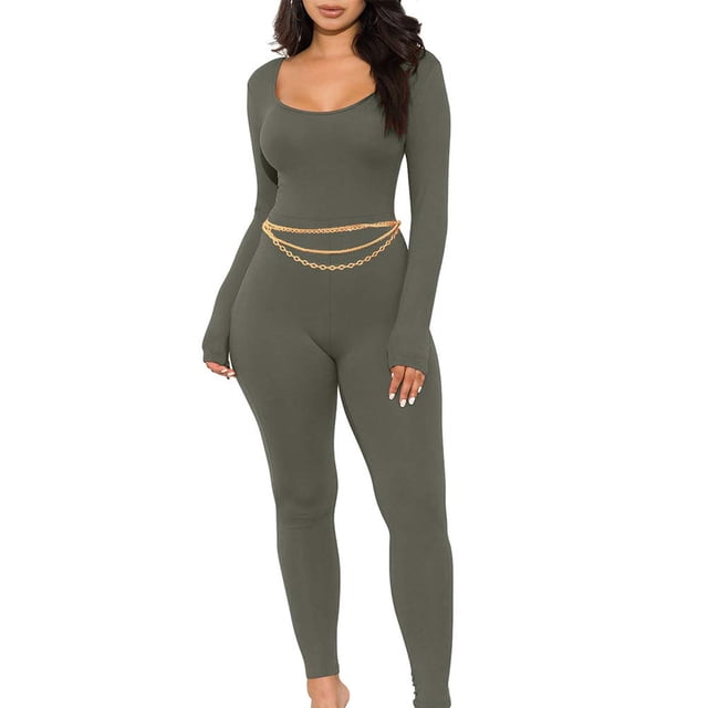Mialoley Women's Spring Autumn Long Jumpsuit Solid Color Long Sleeve U Neck Slim Bodysuit