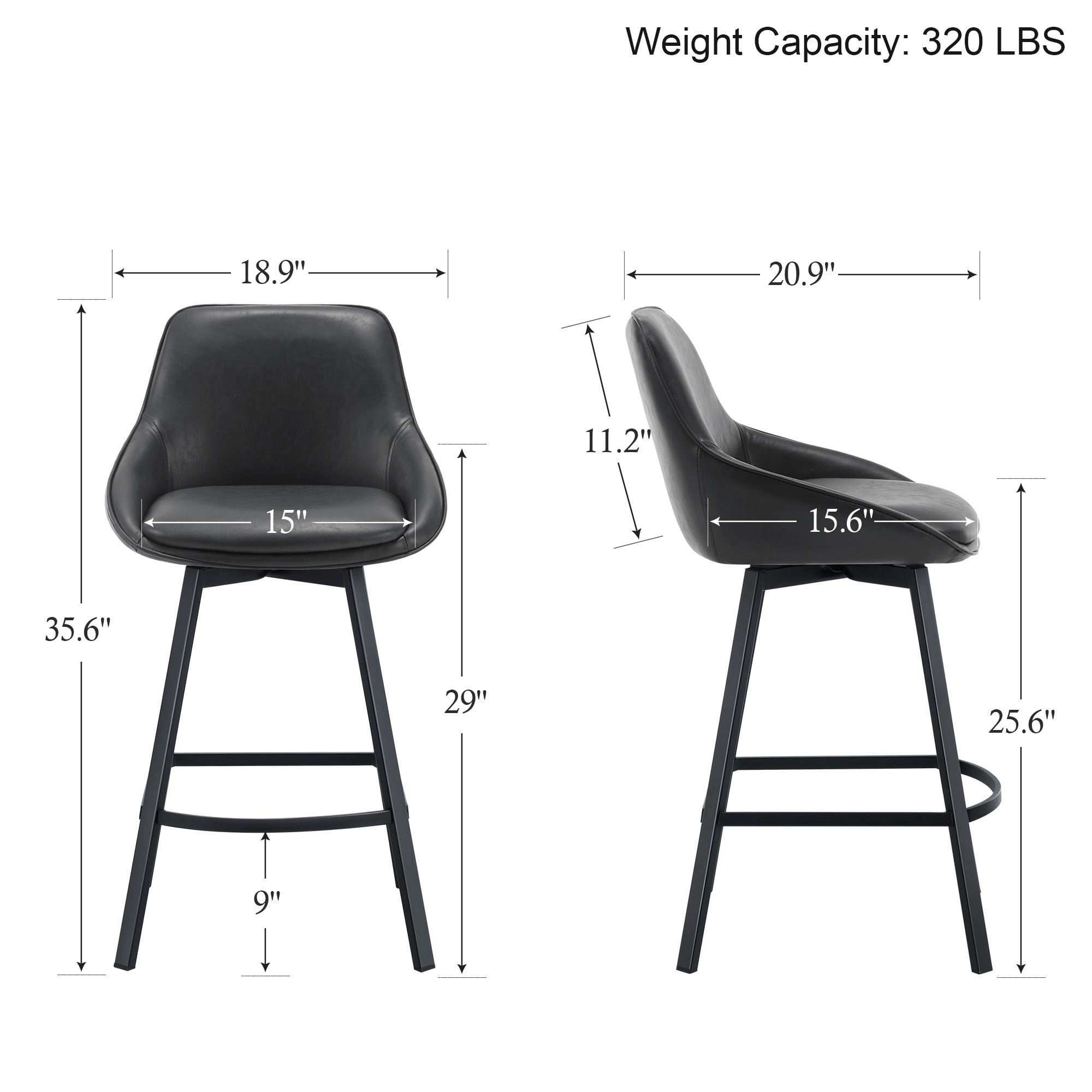 Zesthouse 25.6" Swivel Counter Height Bar Stools Set of 2, Modern Counter Height Chairs with Backs and Metal Legs, Upholstered Faux Leather Barstools for Kitchen Island, Dark Gray