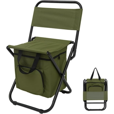 Small Fishing Chair with Cooler Bag Lightweight Camping Chair Compact Fishing Stool with Backrest for RV Hiking Travel Hunting Ice Fishing Gifts Gear for Men