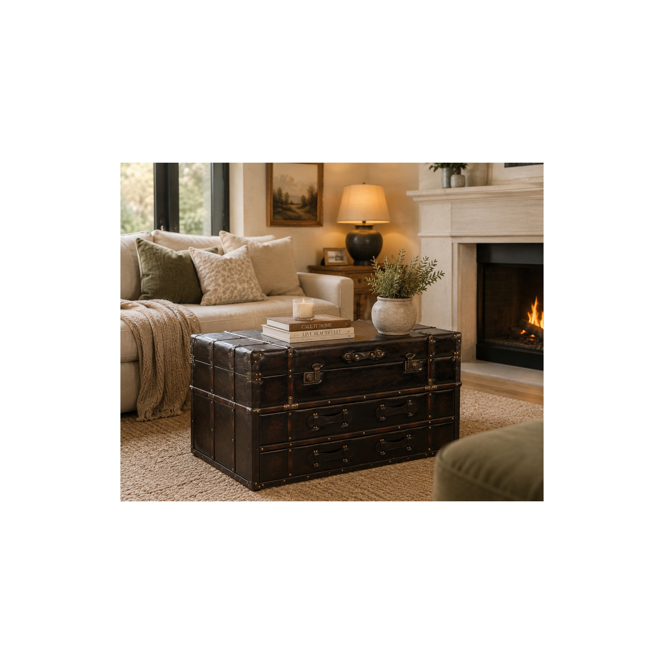 DecMode Vintage Wood Trunk Inspired Brown Coffee Table with Storage, 40"W x 21"H