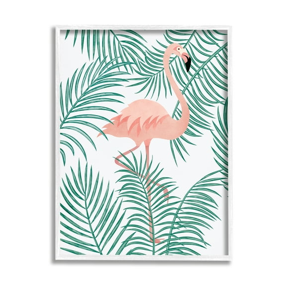 Stupell Flamingo Perched Tropical Palm Leaves Landscape Painting White Framed Art Print Wall Art