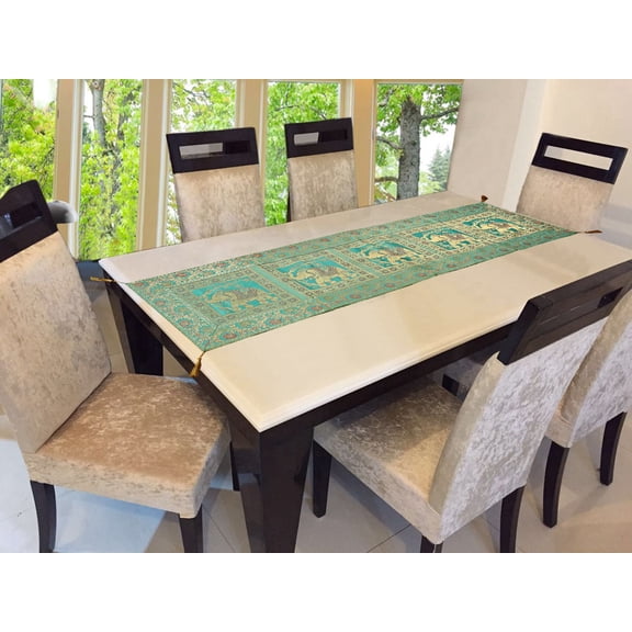 Stylo Culture Brocade Jacquard Coffee Table Runner Green Rectangular Bohemian Traditional Living Room Decor Elephant Floral Decorative Dining Table Cloth | 60x16 Inches ( 152 x 40 cm)