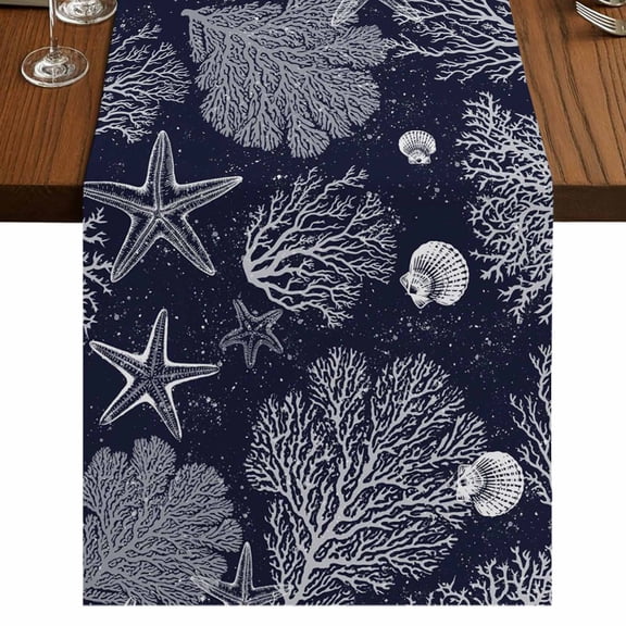 Table Runners 72 Inches Long Dress Scarves, Navy Blue Coastal Farmhouse Kitchen/Dining Table Runner, Coffee Tablerunners, Starfish Coral Summer Beach Ocean 13x72 Inch