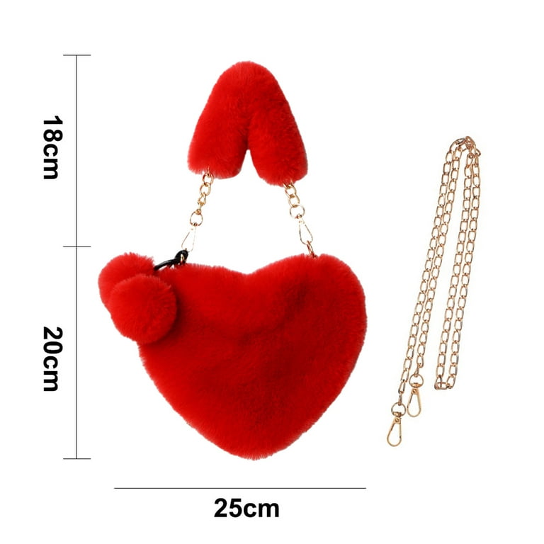 Cellphone Purse Plush Heart Shaped Crossbody Bag with Chain Cute Fluffy  Shoulder Bag for Women Ladies,red，G110257 