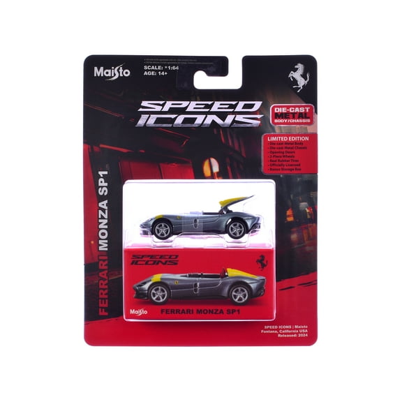 Ferrari Monza SP1 Silver Metallic with Yellow Stripes "Speed Icons" Series 1/64 Diecast Model Car by Maisto