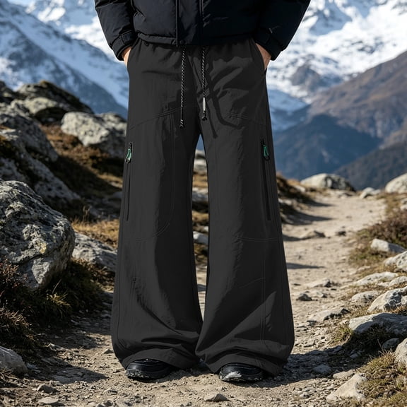 Ciovxyn Men's Multi-Pocket Wide Leg Cargo Pants with Multi-Pocket and Drawstring Waist - Black L