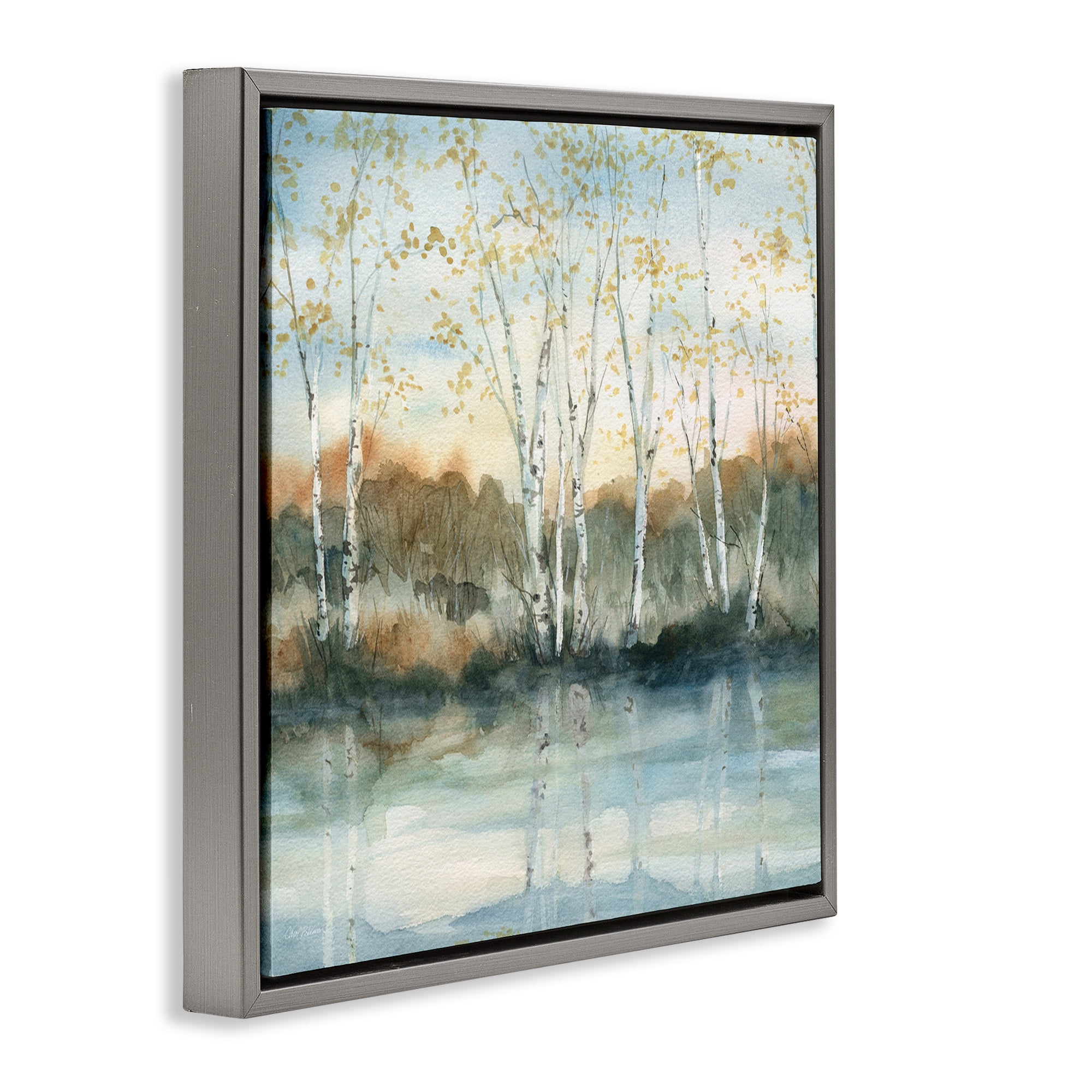 Stupell Industries Quaint Birch Tree Reflections Landscape Painting Gray Floater Framed Canvas Art Print Wall Art, 18 x 18