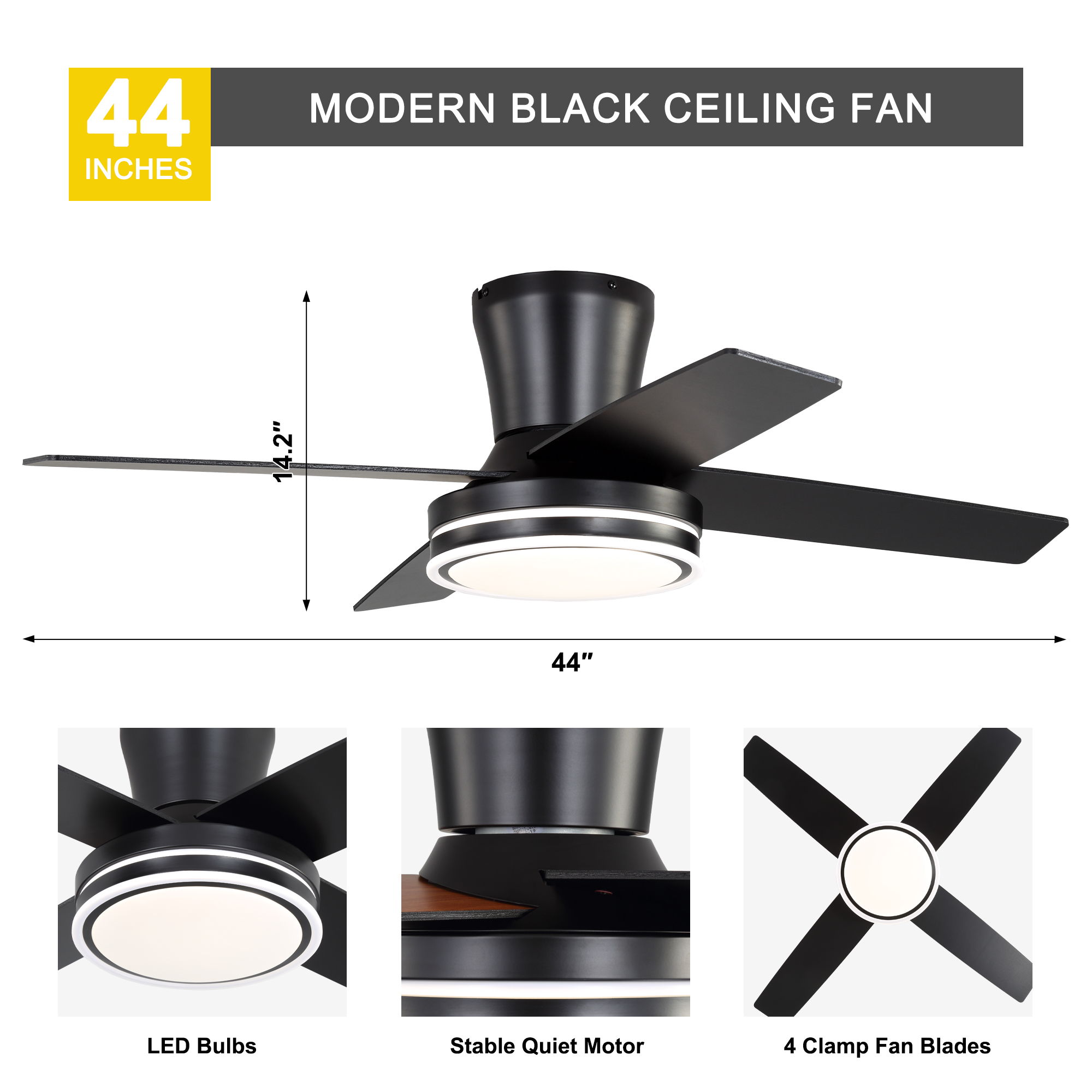 Chords Attic 44" Flush Mount Ceiling Fan with LED Light and Remote Control, 6-Speed DC Motor, 3 Color Temperatures, Reversible for Bedroom, Living Room and Dining Room