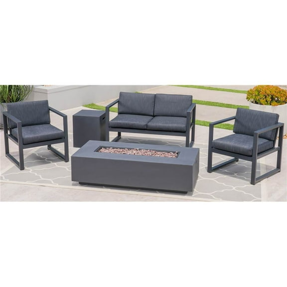 Christopher Knight Home Navan Outdoor 4-Seater Aluminum Chat Set with Fire Pit and Tank Holder by  dark gray   black cushion  dark gray