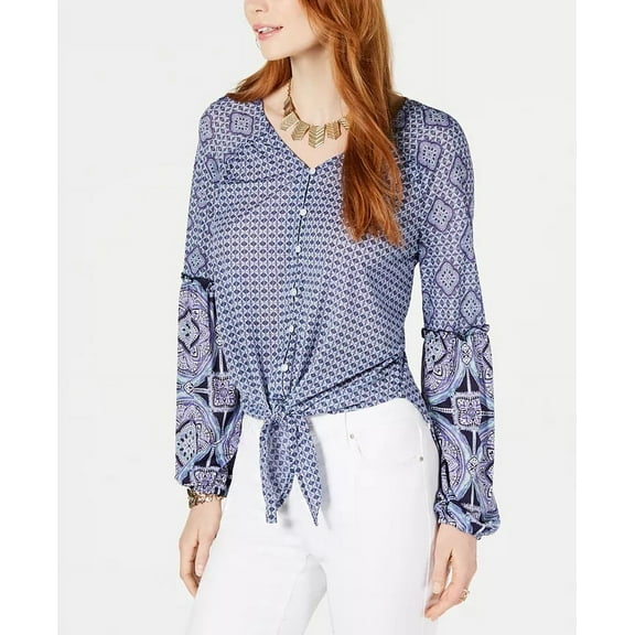 Style & Co Women's Mixed Print Tie Front Button Up Top Navy Size Large