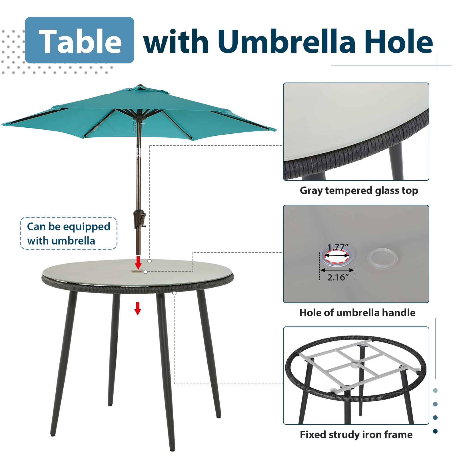 JOIVI 5-Piece Outdoor Patio Dining Set with Rattan Dining Chairs for 4-Person & Tempered Glass Table, 2.16” Umbrella Hole, Black