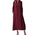 thumbnail image 3 of Innerwin Robes Maxi Col en V Robe Femme Automne Manches Longues Ample Rouge Vin 3TG, 3 of 9