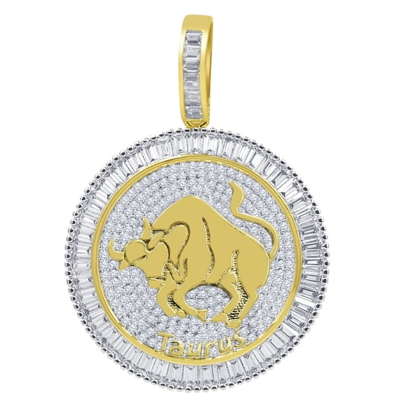 14K Yellow Gold Finish Baguette/Round Cut Simulated Diamond Zodiac Taurus Sign Astrology Horoscope Round Pendant Charm 2''