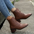 thumbnail image 3 of Oyedens Combat Boots for Women Vintage British Leather Mid Heels Riding Dress Ankle Booties, 3 of 7