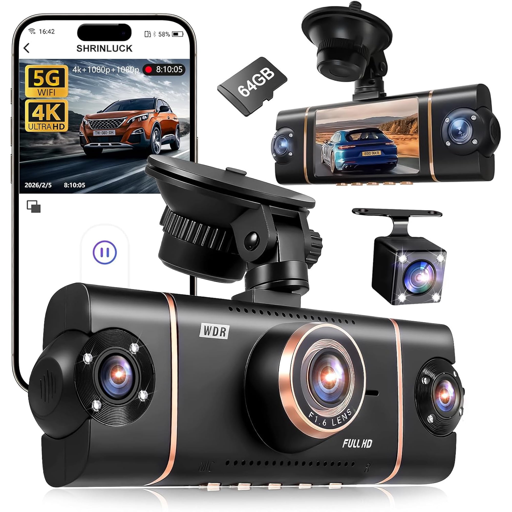 Beixiya 4‑Channel 360° View Car Dash Cam, 4K+1080P*3 FHD Car Camera, 5G WiFi APP Control, 8 IR Lamps Night Vision, G‑Sensor, 24H Parking Mode, Free 64GB SD Card Included
