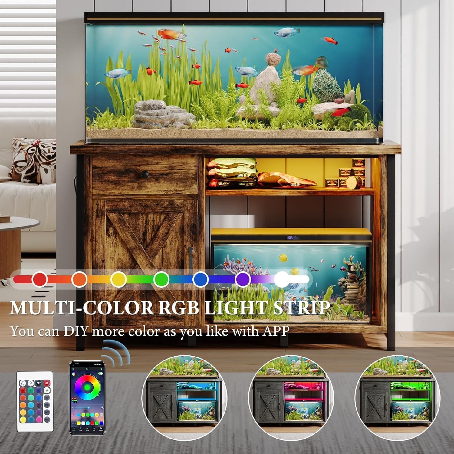 DreamCurship 55-75 Gallon Aquarium Stand with Storage Cabinet & Power Outlets LED Light, Fish Tank Stand with Drawer & Barn Door, Suitable for Fish Tank Stand, Turtle Tank, Reptile Terrarium, Brown