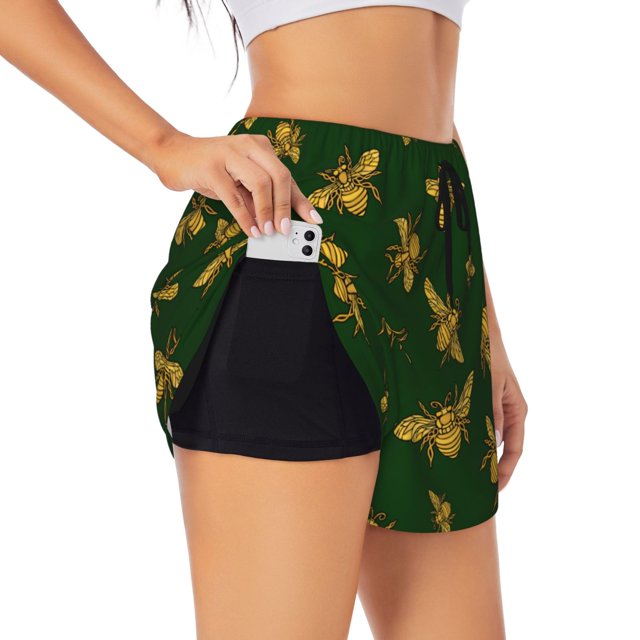 Balery Hohey Bee Pantalones cortos deportivos para mujer con forro y dos bolsillos, elásticos, para entrenamiento, gimnasio, yoga-Medium