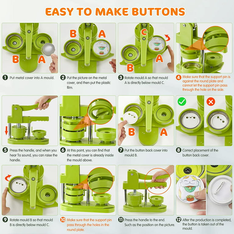 VIFERR Button Maker Machine, 300pcs Button Making Supplies Multiple Sizes  1+1.25+2.28 inch DIY Pin Button Press Machine Button Badge Green