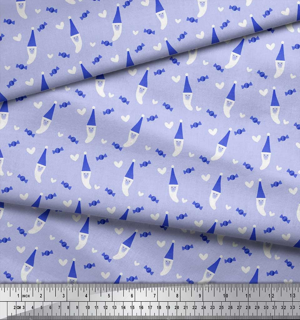 Soimoi Blue Rayon Crepe Fabric Heart,Candies & Santa Face Christmas Decor Fabric Printed Yard 46 Inch Wide