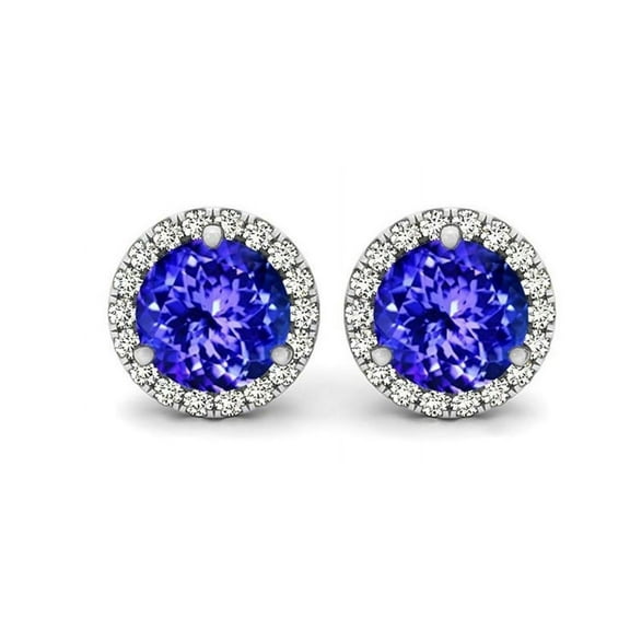 18k White Gold 3Ct Halo Round Tanzanite CZ Stud Earrings Plated by Paris Jewelry
