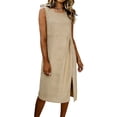 thumbnail image 2 of Midi Dresses for Women Summer Casual Crewneck Sundress Solid Color Loose Sleeveless Beach Holiday Everyday Linen Dress Size S-3XL, 2 of 6