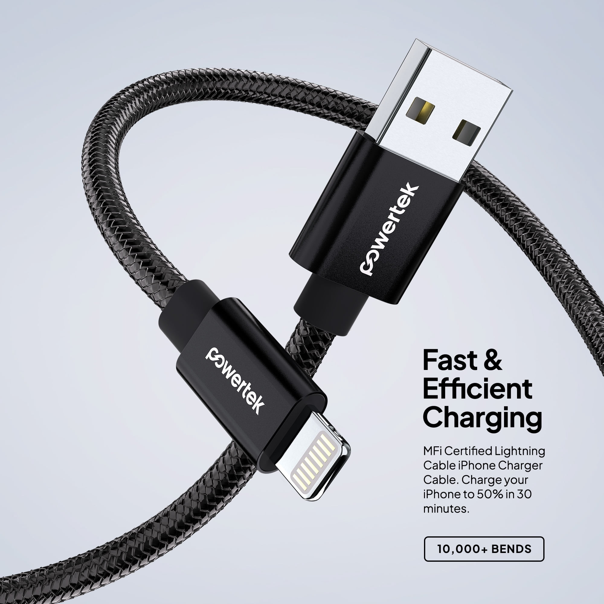 Powertek Luxe 6ft USB-A to Lightning Cable, Black, Fast Charge & Sync, Metallic Mesh PVC Jacket, Durable Tangle-Free Design