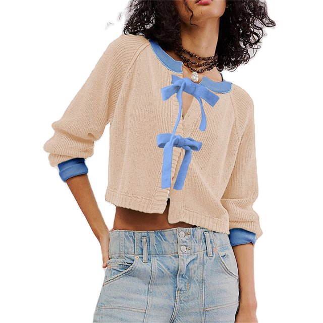 Gupgi Women Sweaters Long Sleeve Bow Tie Front Contrast Color Knit Cardigan Fall Slim Sweater